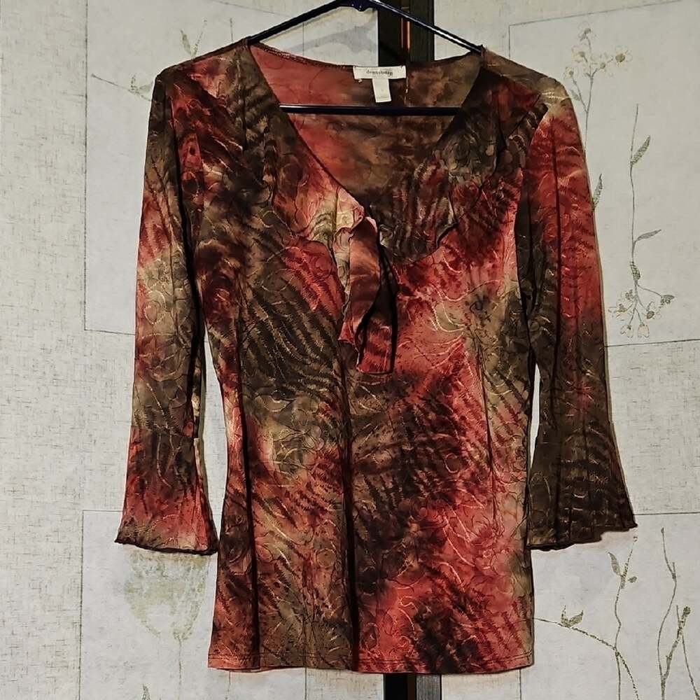dressbarn Red and Orange 3/4 Sleeve Asymmetrical Tie Front Blouse